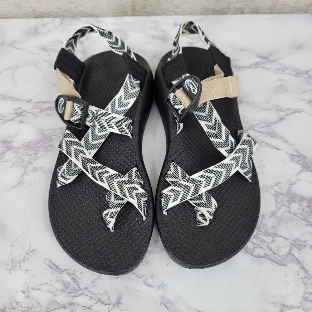 Chaco Women's Black Sandals with White Chevron Straps and Tan Accent